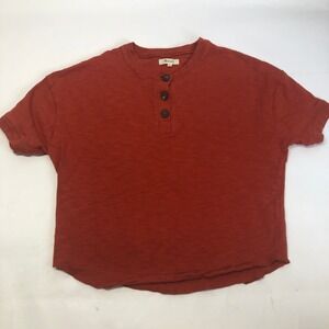 Madewell Rust Brick Red Raw-Edge Henley Crop Top Women's Size Small Short Sleeve
